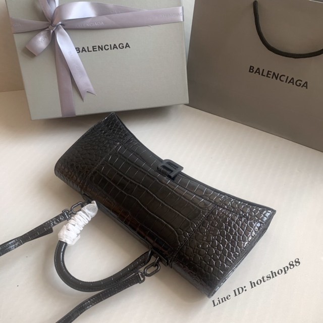 Balenciaga專櫃爆款鱷魚黑黑扣手提女包 巴黎世家長款Hourglass沙漏包 fyj1595